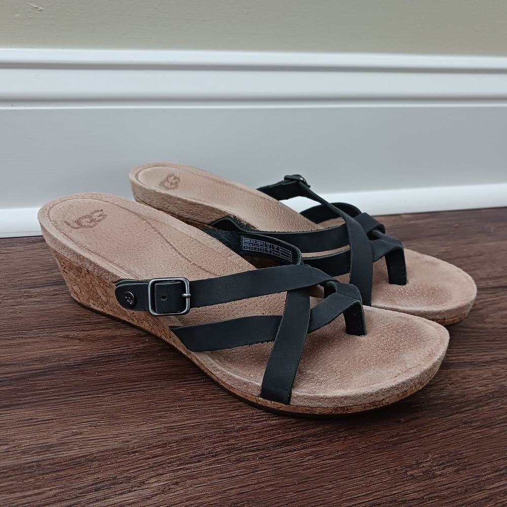 UGG Lucianna Black Leather Strappy Cork Wedge Sandals 1006359 Womens 8